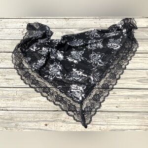 Silver Roses on Black Mesh Fabric 44X44 Square Scarf Wedding Shawl